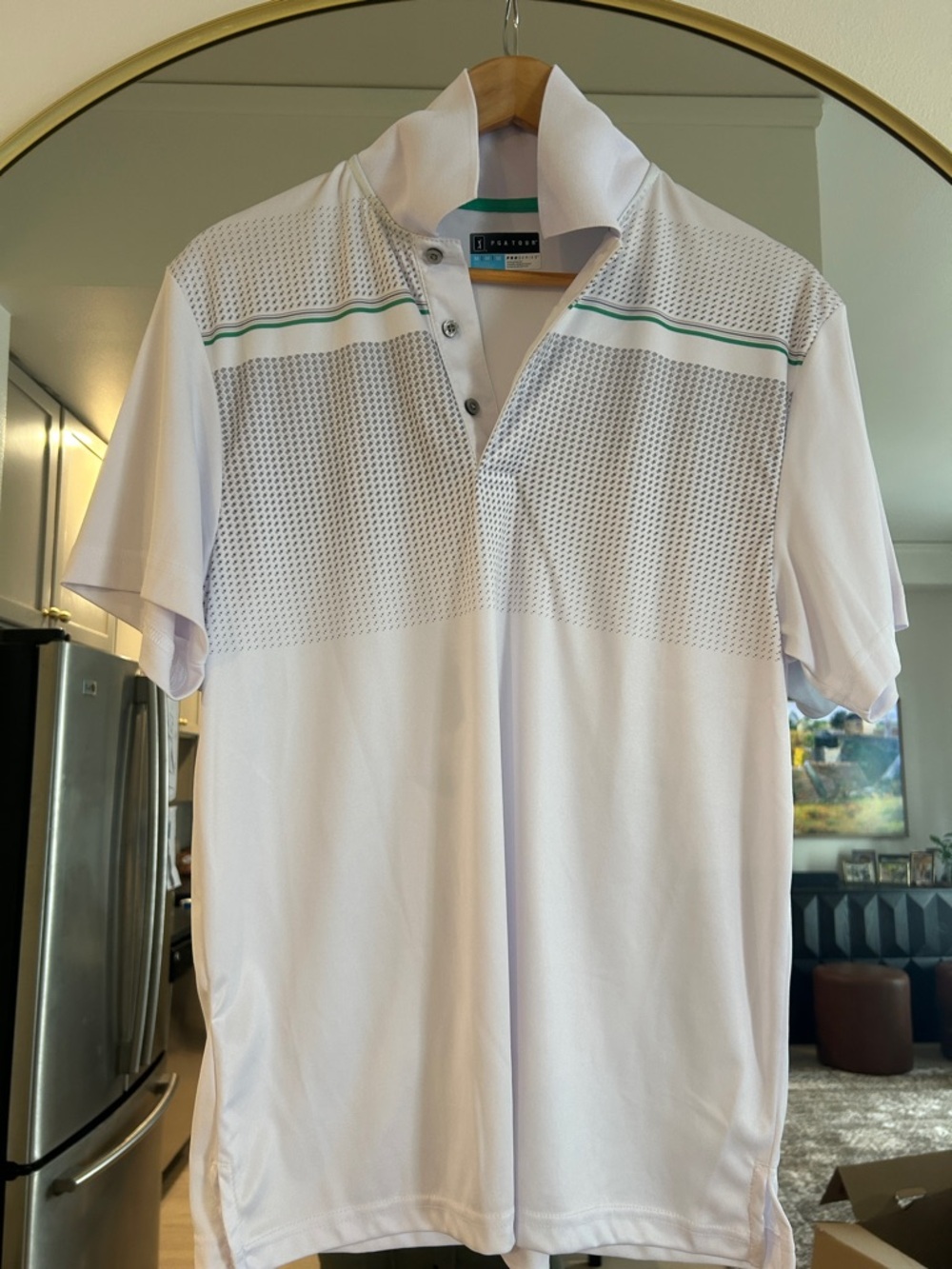 PGA Tour White Polo with Green Accent Stripe